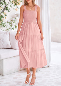 Womens Smocked Summer  Ruffle A Line Long Flowy Dresses Cute Sleeveless Beach Sundress Midi Dress