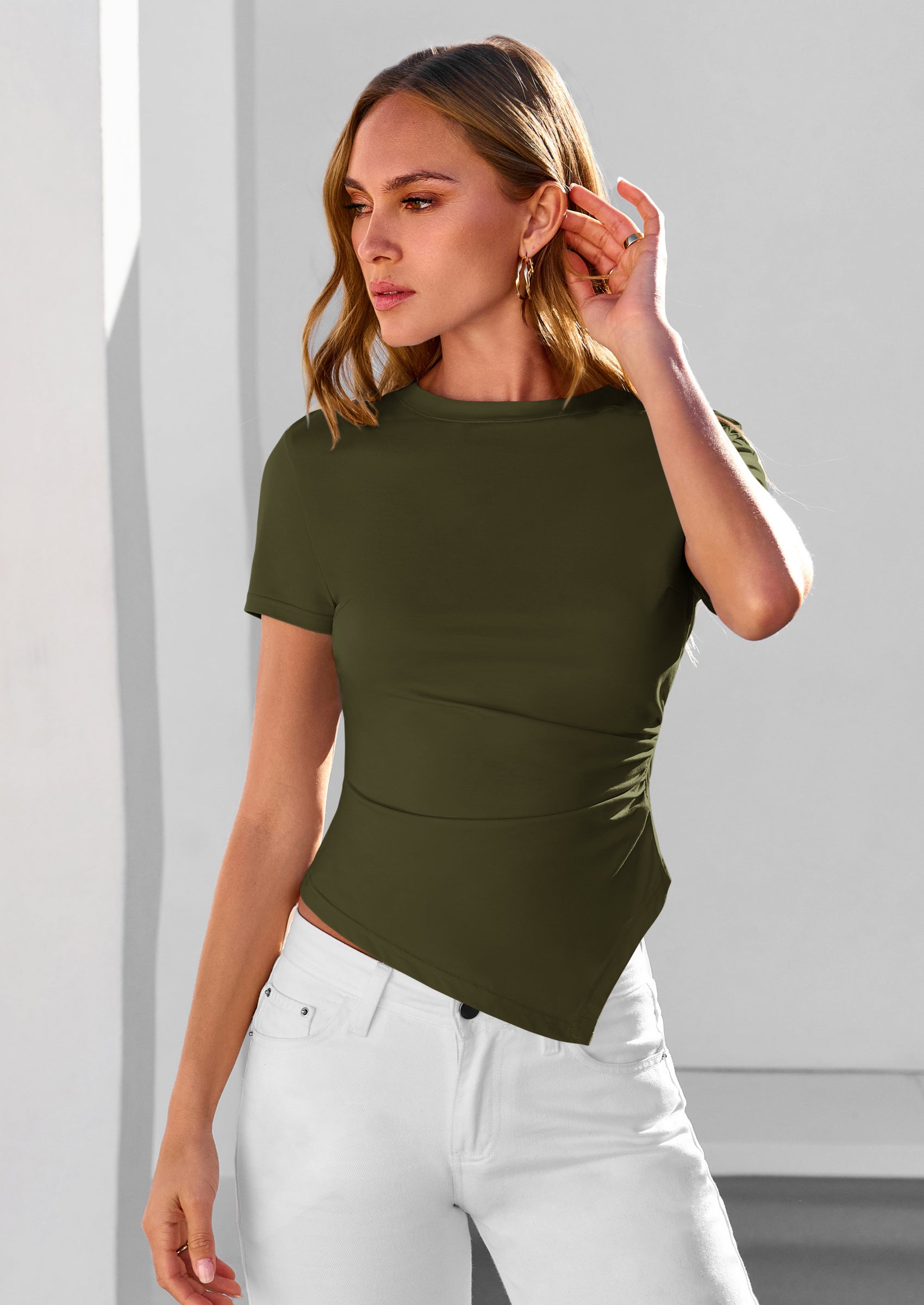 PRETTYGARDEN Womens Short Sleeve Crew Neck Trendy Shirts Spring Summer Y2K Going Out Tops Asymmetrical Ruched Blouse PRETTYGARDEN