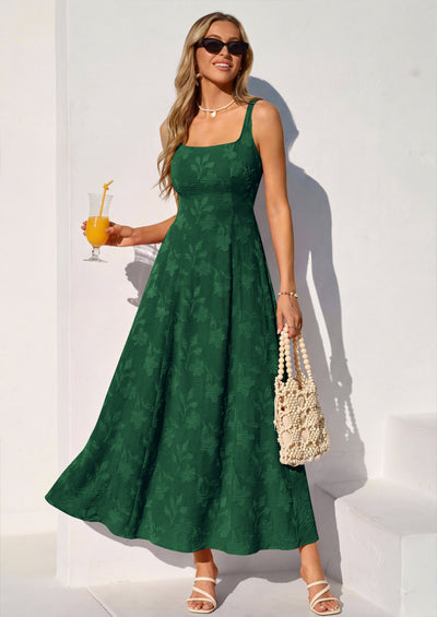 PRETTYGARDEN Womens Summer Maxi Dresses Casual Sleeveless Square Neck Jacquard Flowy Wedding Guest Beach Boho Long Dress