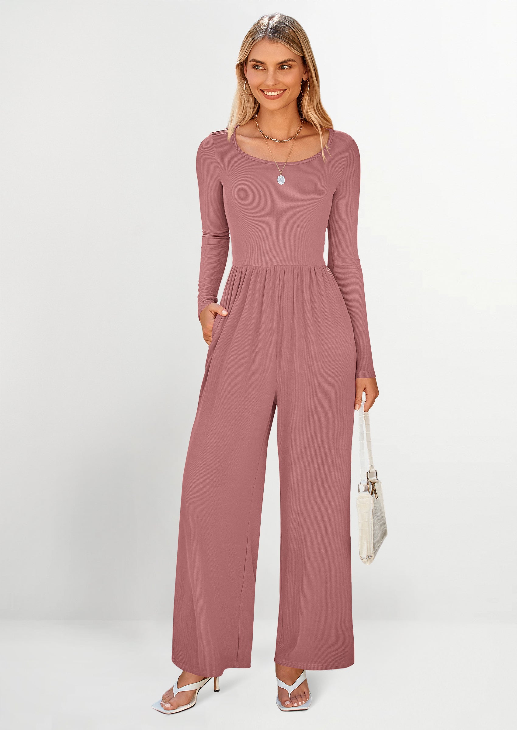 PRETTYGARDEN Fashion Jumpsuits Dressy Casual Long Sleeve Wide Leg Ribbed Knit Rompers