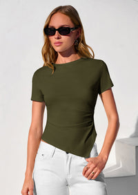 PRETTYGARDEN Womens Short Sleeve Crew Neck Trendy Shirts Spring Summer Y2K Going Out Tops Asymmetrical Ruched Blouse PRETTYGARDEN
