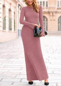 PRETTYGARDEN Women's Fall Fashion Long Sleeve Maxi Dress Ribbed Knit Boat Neck Bodycon Casual Dresses Going Out Outfits