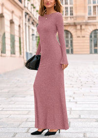 PRETTYGARDEN Women's Fall Fashion Long Sleeve Maxi Dress Ribbed Knit Boat Neck Bodycon Casual Dresses Going Out Outfits