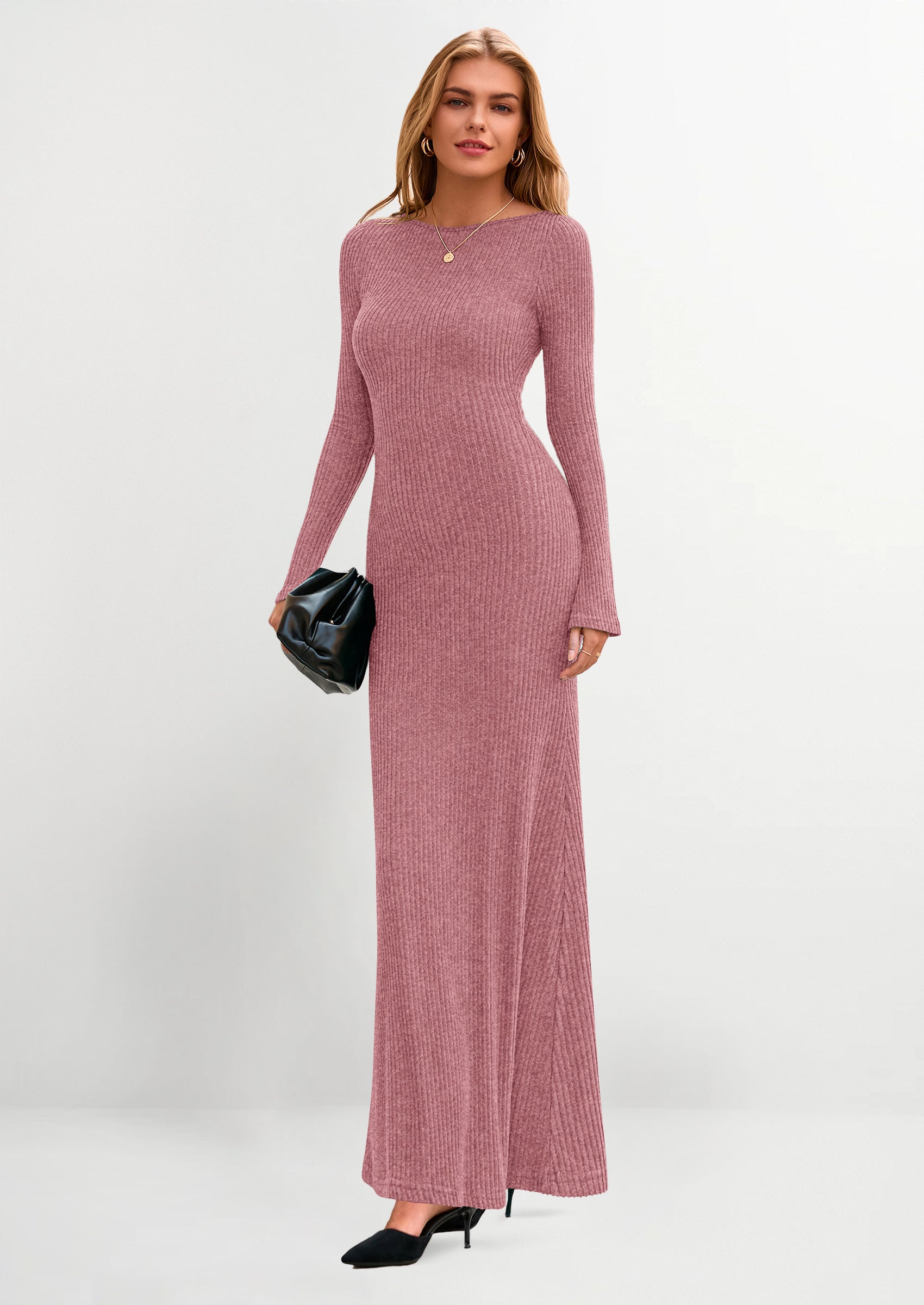 PRETTYGARDEN Women's Fall Fashion Long Sleeve Maxi Dress Ribbed Knit Boat Neck Bodycon Casual Dresses Going Out Outfits