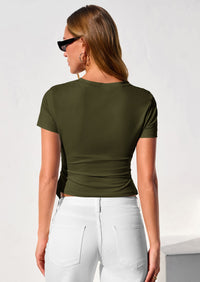 PRETTYGARDEN Womens Short Sleeve Crew Neck Trendy Shirts Spring Summer Y2K Going Out Tops Asymmetrical Ruched Blouse PRETTYGARDEN