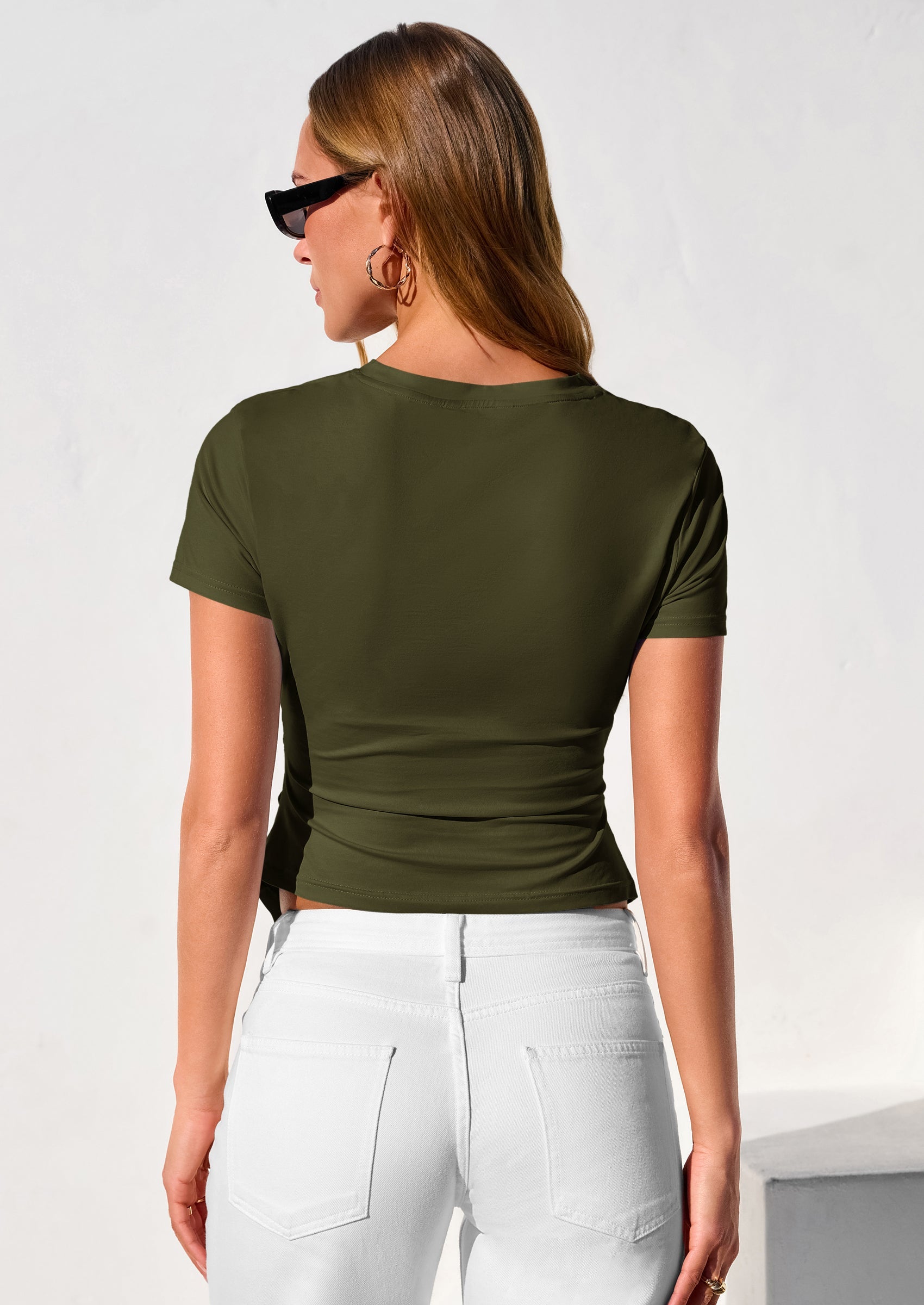 PRETTYGARDEN Womens Short Sleeve Crew Neck Trendy Shirts Spring Summer Y2K Going Out Tops Asymmetrical Ruched Blouse PRETTYGARDEN