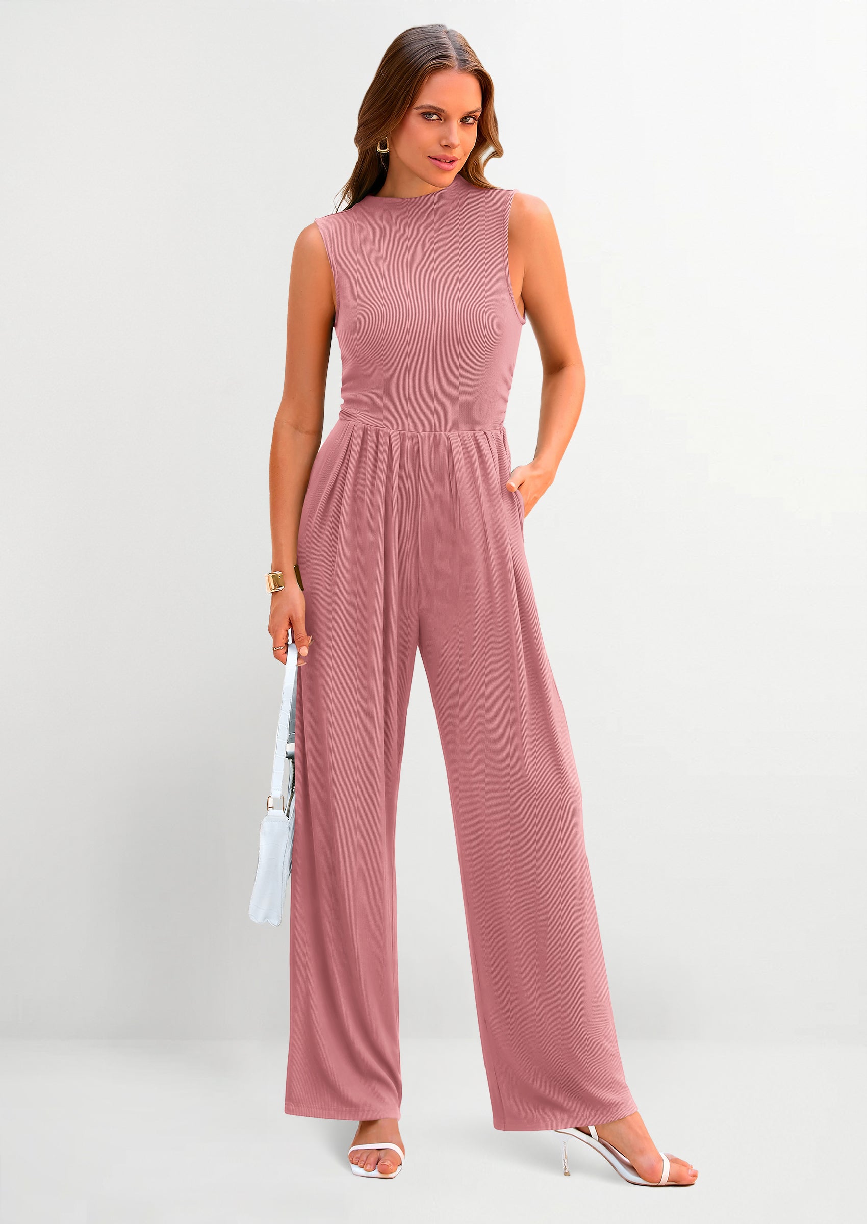 PRETTYGARDEN Womens Summer Jumpsuits Dressy Casual One Piece Outfits Sleeveless Mock Neck Wide Leg Pants Rompers with Pockets