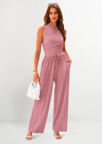 PRETTYGARDEN 2 Piece Sets Sleeveless Tank Ribbed Travel Vacation Lounge Wear Outfits