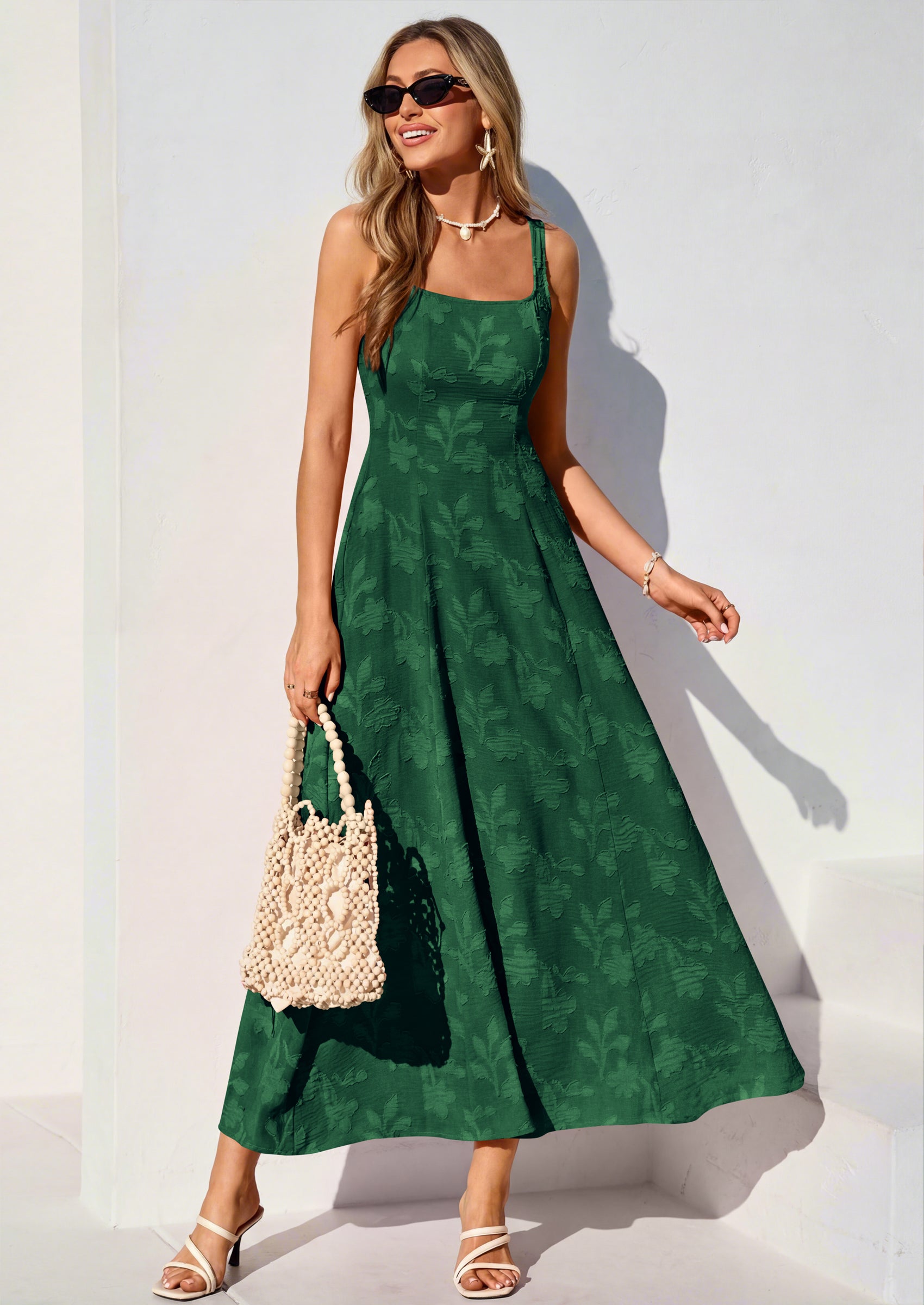 PRETTYGARDEN Womens Summer Maxi Dresses Casual Sleeveless Square Neck Jacquard Flowy Wedding Guest Beach Boho Long Dress