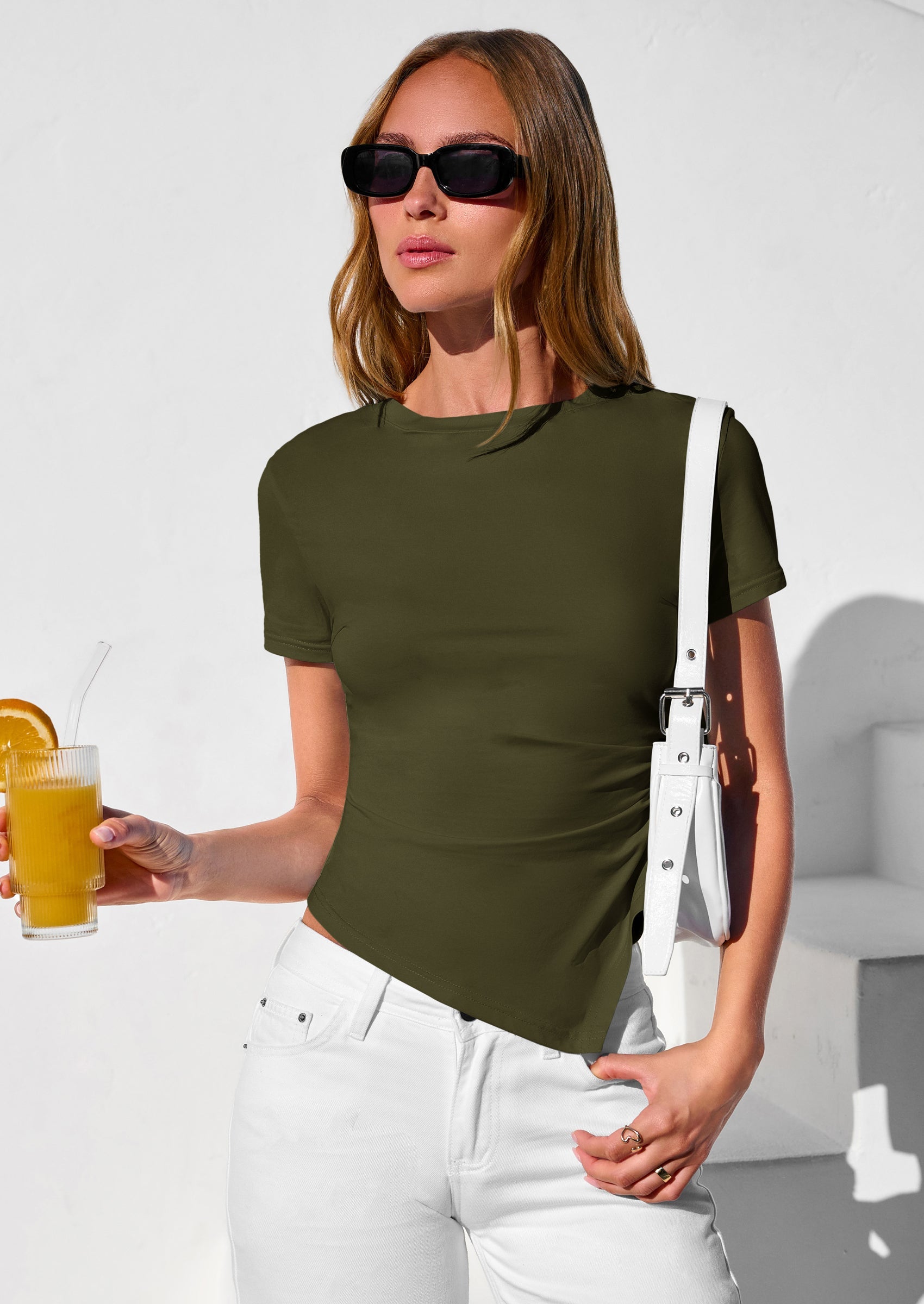 PRETTYGARDEN Womens Short Sleeve Crew Neck Trendy Shirts Spring Summer Y2K Going Out Tops Asymmetrical Ruched Blouse PRETTYGARDEN