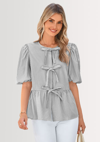 PRETTYGARDEN Women's Tie Front Striped Shirt Summer Trendy Fashion Cute Babydoll Tops Peplum Puffy Sleeve Blouse