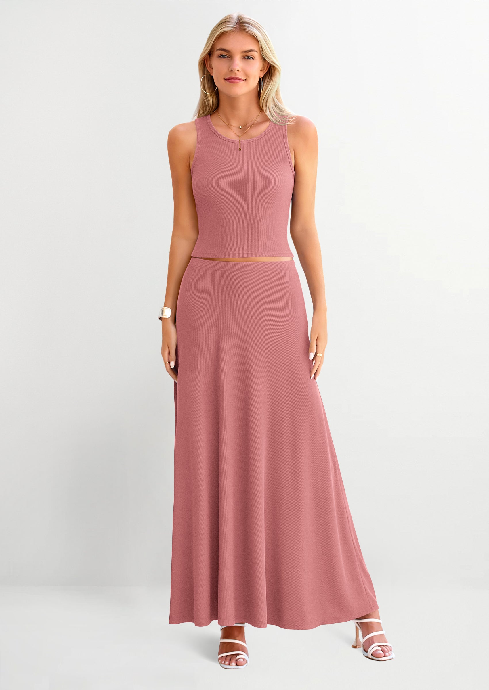 PRETTYGARDEN 2 Piece Maxi Skirt Sets Casual Knit Cropped Tank Top High Waisted Long Skirts Outfit