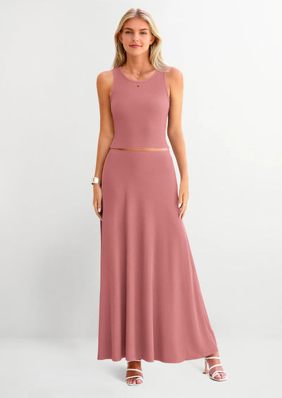 PRETTYGARDEN 2 Piece Maxi Skirt Sets Casual Knit Cropped Tank Top High Waisted Long Skirts Outfit