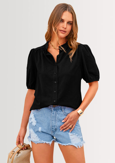 PRETTYGARDEN Women's Summer Tops Button Down Shirts Short Lantern Sleeve V Neck Cotton Cute Dressy Casual Blouses