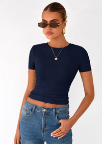 PRETTYGARDEN Women Summer Crew Neck Short Sleeve Tops Ribbed Knit Slim Fit Fashion Basic Tee Shirts Casual Going Out Top PRETTYGARDEN