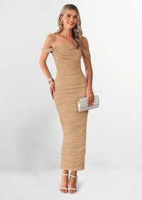 PRETTYGARDEN Womens Off The Shoulder Dress Ruched Bodycon Sleeveless Split Cocktail Party Maxi Dresses