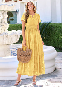 PRETTYGARDEN Womens Boho Maxi Dress Floral Summer Spring Short Sleeve V Neck A Line Embroidered Beach Vacation Dresses