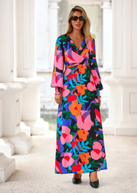 PRETTYGARDEN Women's Fall Boho Maxi Dress Floral Long Sleeve V Neck Flowy Belted Elegant Holiday Party Dresses