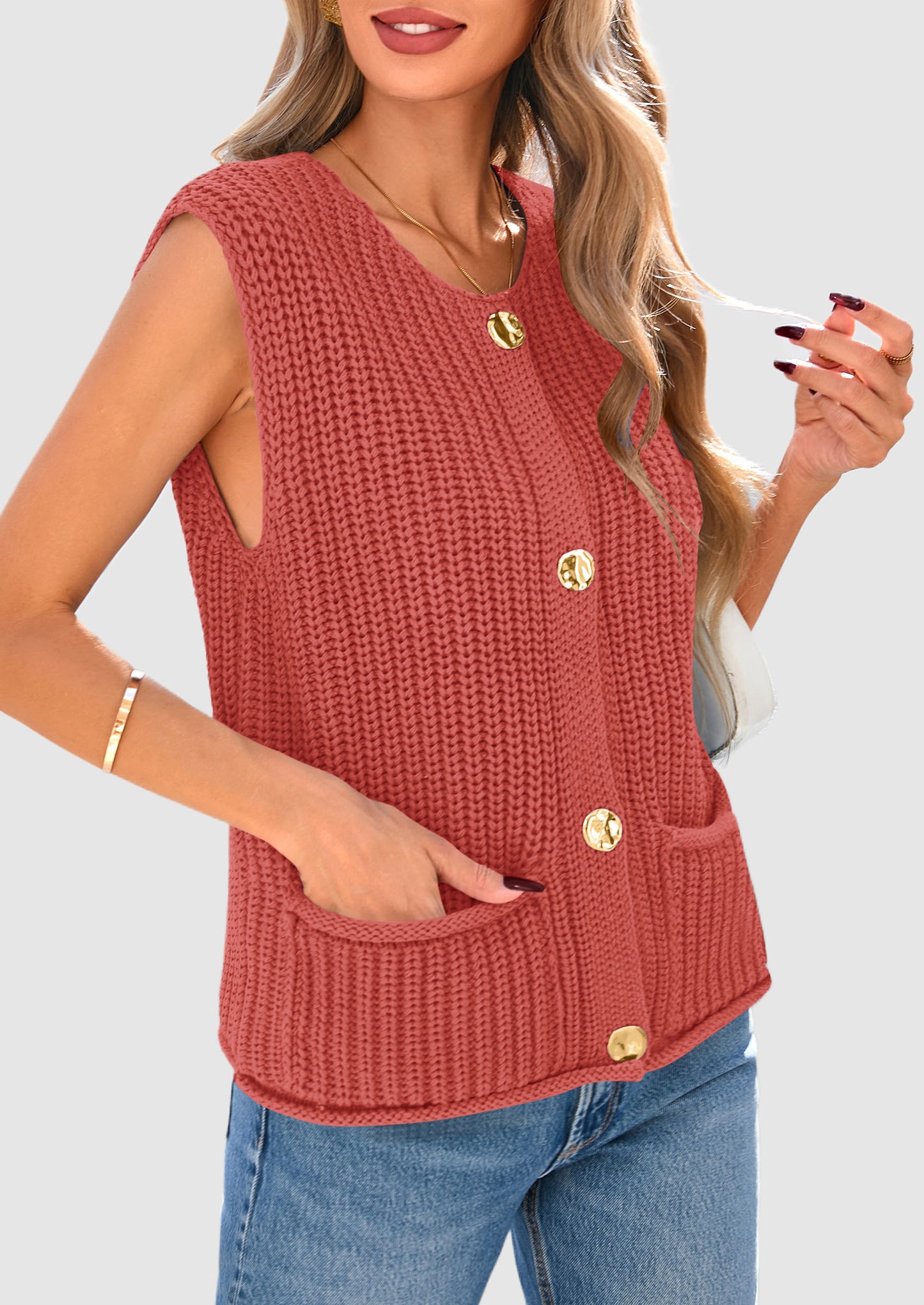 Women's Sweaters Vest 2025 Sleeveless Button Down Cropped Chunky Knit Cardigan Trendy Tank Tops with Pockets