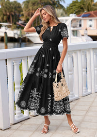PRETTYGARDEN Boho Dresses for Women Summer Spring Casual Floral Short Sleeve V Neck Maxi Elastic Waist Dress Pockets
