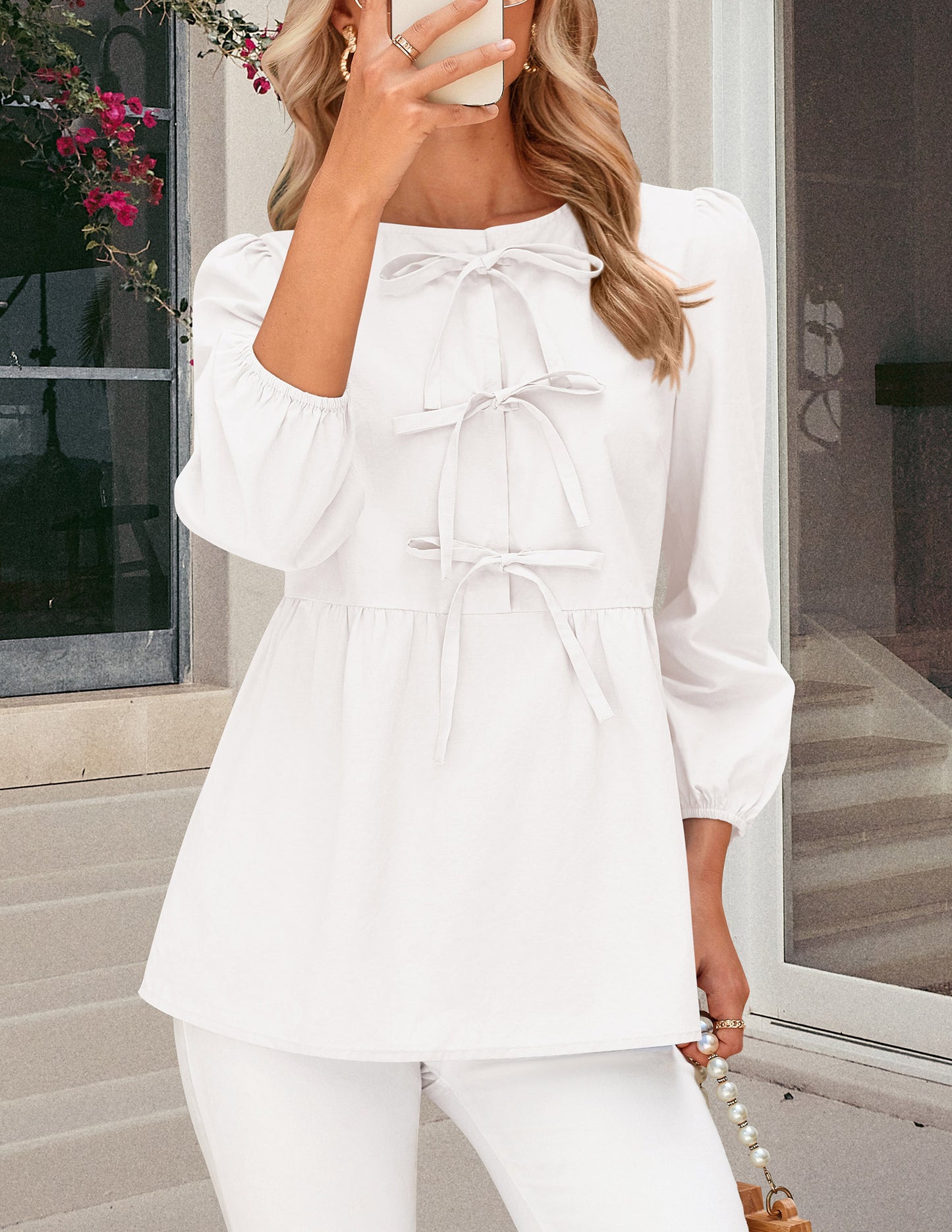 Women's Babydoll Tops 2025 Spring Trendy 3/4 Length Puff Sleeve Bow Tie Front Cute Peplum Blouses Shirts