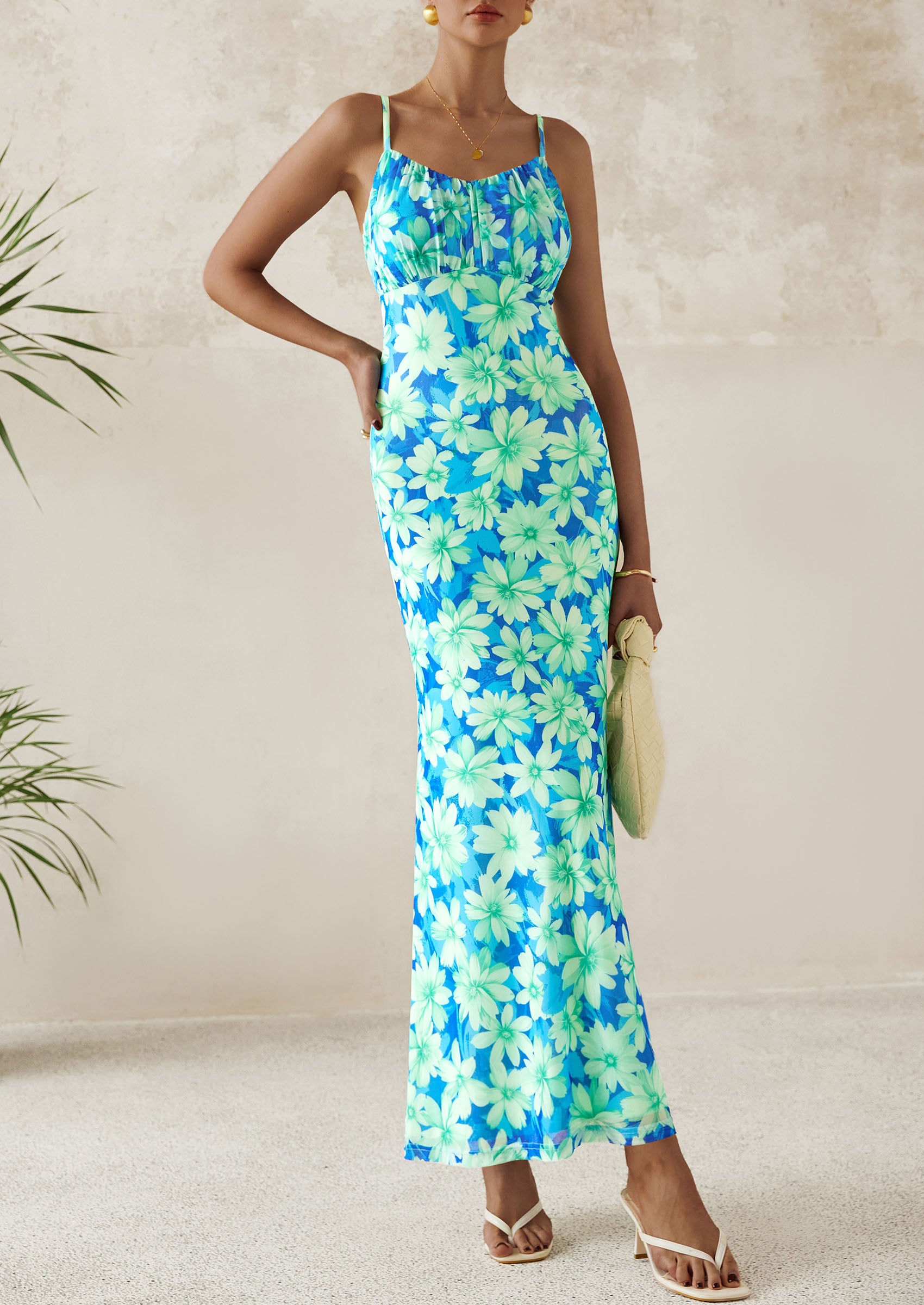 PRETTYGARDEN Women's Bodycon Maxi Dress Floral Sundress Sleeveless Spaghetti Strap Cocktail Party Dress