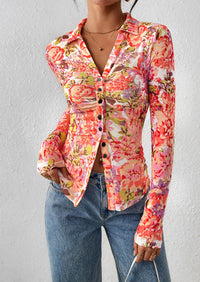 PRETTYGARDEN Women Button Down Floral Shirts Fall Trendy Long Sleeve V Neck Ruched Fitted Mesh Blouse Tops Date Outfits