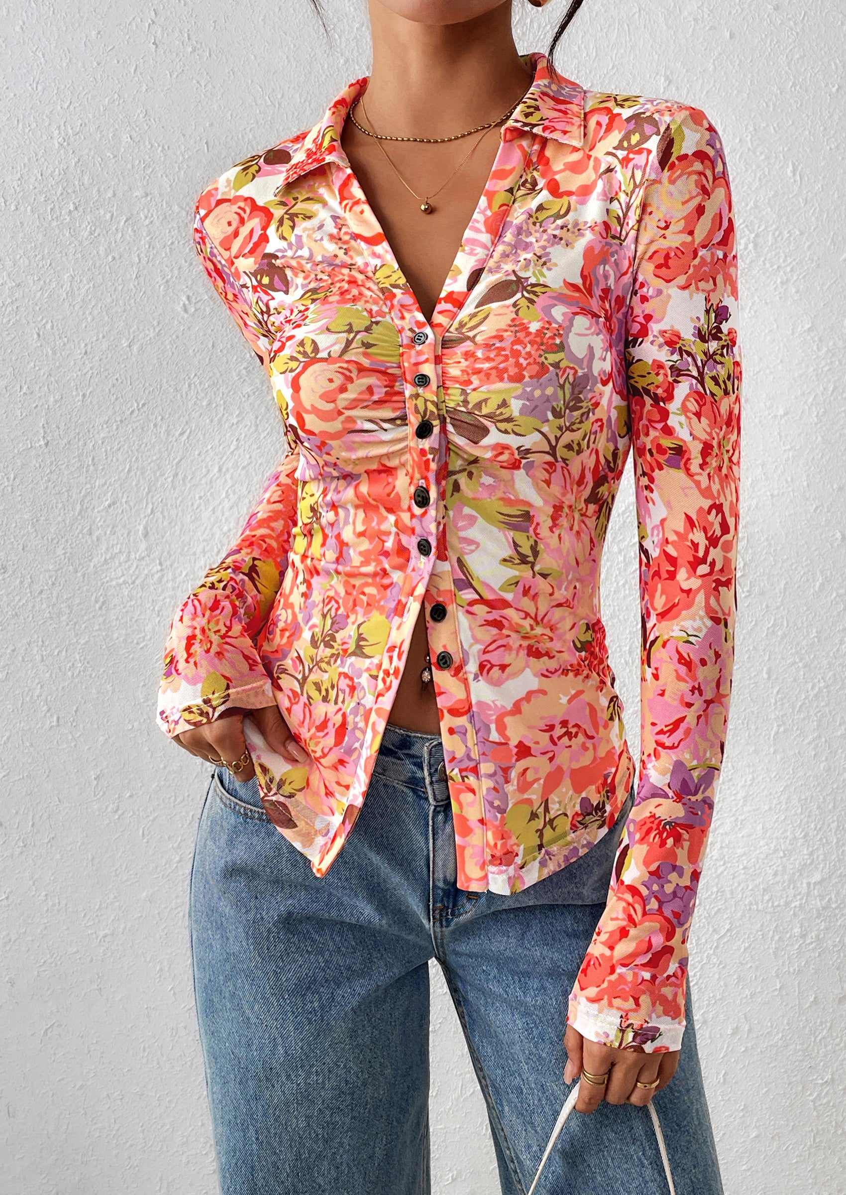 PRETTYGARDEN Women Button Down Floral Shirts Fall Trendy Long Sleeve V Neck Ruched Fitted Mesh Blouse Tops Date Outfits