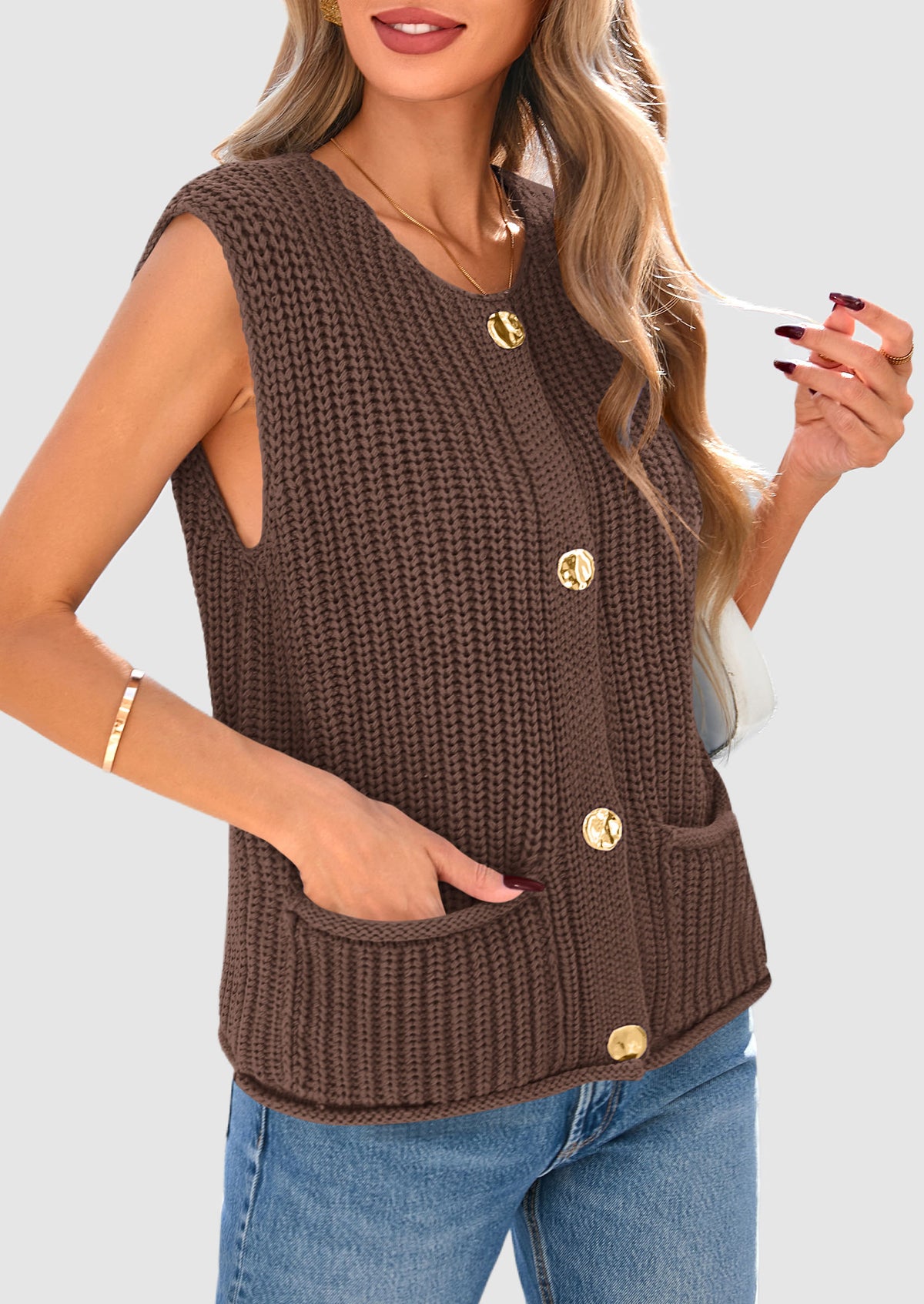 Sleeveless Button Down Cropped Chunky Knit Cardigan Trendy Tank Tops with Pockets