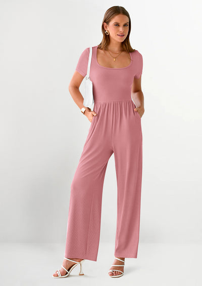 PRETTYGARDEN Women's Summer One Piece Jumpsuits Dressy Casual Short Sleeve Square Neck Wide Leg Jumpsuit Rompers