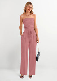 PRETTYGARDEN 2 Piece Sets Casual Ribbed Knit Crop Tube Top Wide Leg Pants Lounge Set