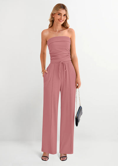 PRETTYGARDEN 2 Piece Sets Casual Ribbed Knit Crop Tube Top Wide Leg Pants Lounge Set