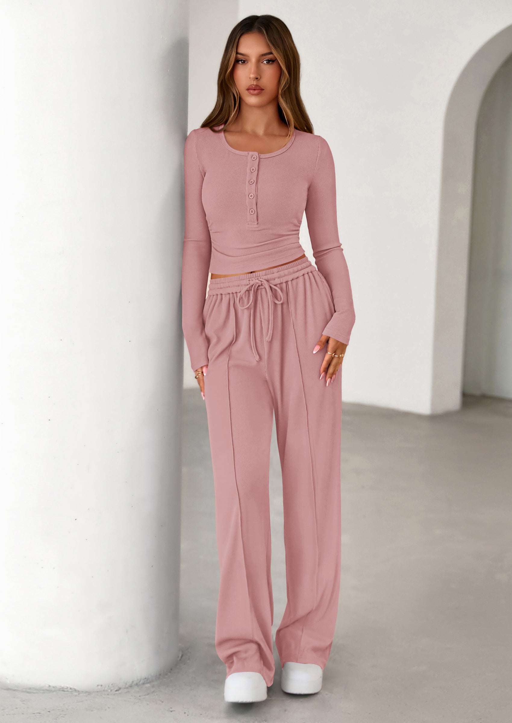 PRETTYGARDEN Women's Fall Trendy 2 Piece Outfits Lounge Sets Long Sleeve Top Henley Shirts Wide Leg Pants Travel Clothes