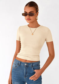 PRETTYGARDEN Women Summer Crew Neck Short Sleeve Tops Ribbed Knit Slim Fit Fashion Basic Tee Shirts Casual Going Out Top PRETTYGARDEN