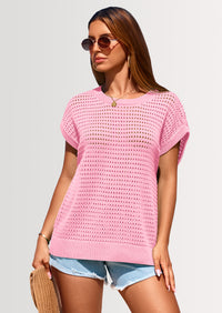 PRETTYGARDEN Womens Spring Tops Summer Shirts Crochet Cap Sleeve Sweater Pullover Cute Beach Vacation Clothes