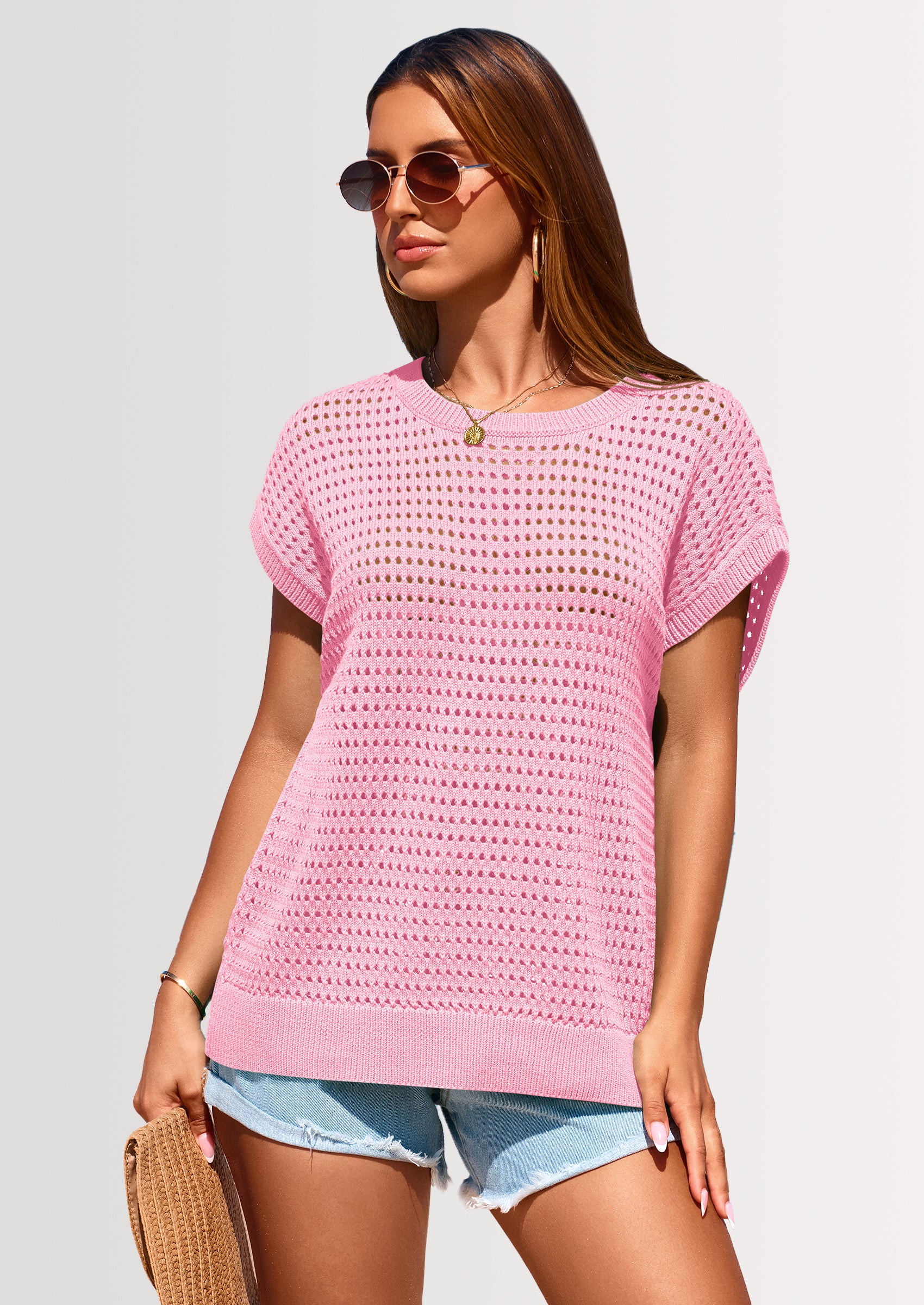 PRETTYGARDEN Womens Spring Tops Summer Shirts Crochet Cap Sleeve Sweater Pullover Cute Beach Vacation Clothes