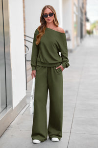 PRETTYGARDEN Womens 2 Piece Casual Matching Lounge Sets  Fashion Off the Shoulder Sweatshirt, Wide Leg Pants with Pockets, Comfy Airport Travel Outfit, 2026 Trendy Fall Set