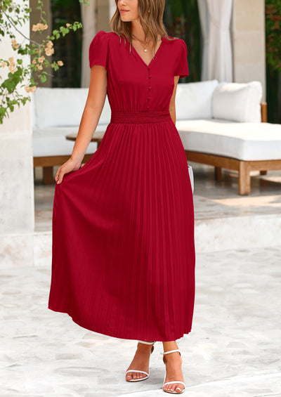 PRETTYGARDEN Women's Maxi Dresses Summer Trendy Cap Short Sleeve Button V Neck Casual Flowy Pleated Long Dress