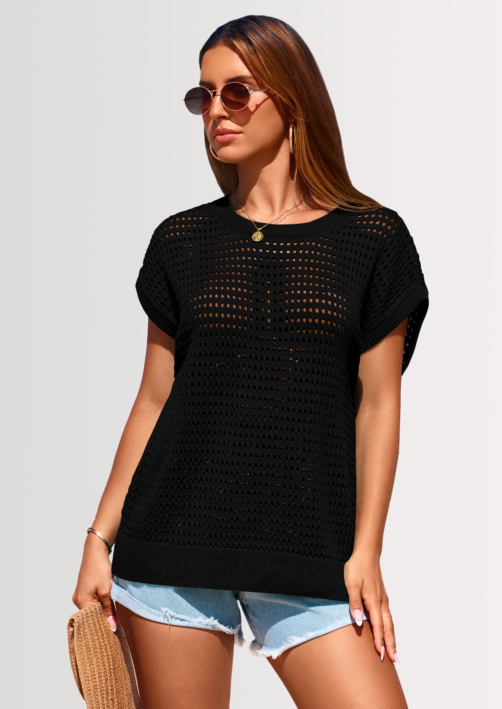 PRETTYGARDEN Womens Spring Tops Summer Shirts Crochet Cap Sleeve Sweater Pullover Cute Beach Vacation Clothes