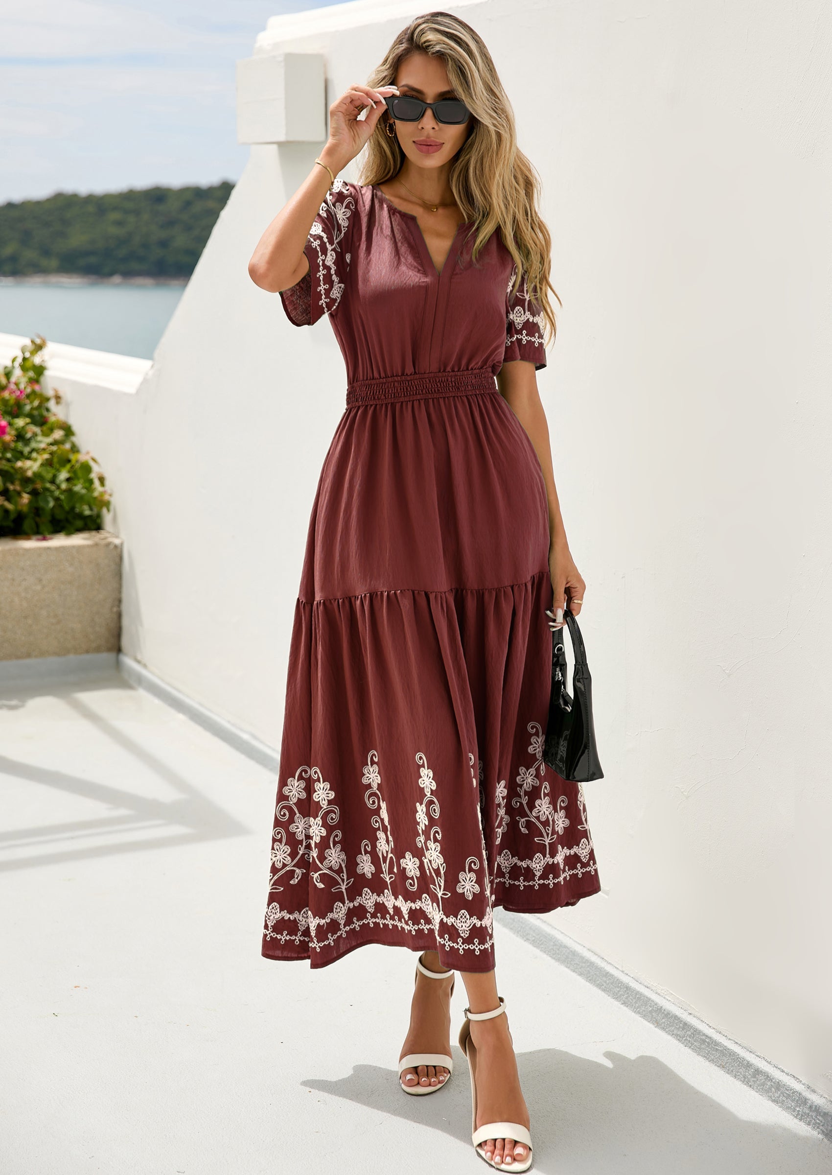 PRETTYGARDEN Women's Summer Boho Maxi Dress Spring Floral Short Sleeve V Neck A Line Flowy Beach Wedding Guest Dresses PRETTYGARDEN