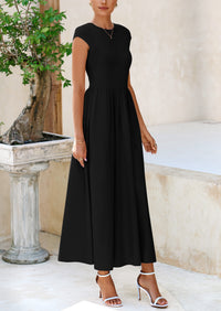 PRETTYGARDEN Women's Casual Long Dresses Cap Sleeve Patchwork A Line Flowy Modest Elegant Homecoming Maxi Dress