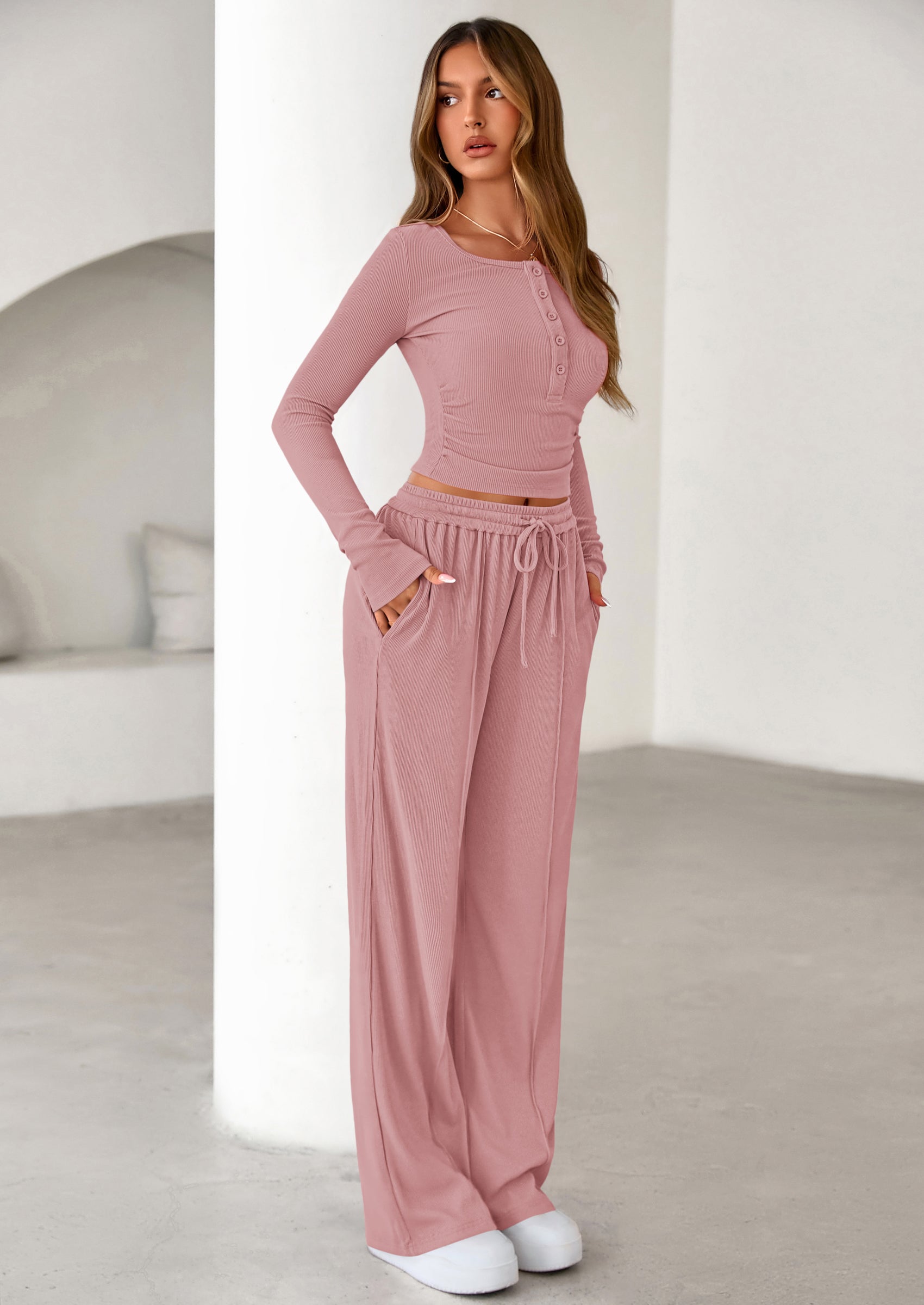 PRETTYGARDEN Women's Fall Trendy 2 Piece Outfits Lounge Sets Long Sleeve Top Henley Shirts Wide Leg Pants Travel Clothes