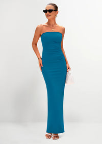 PRETTYGARDEN Women's Semi Formal Cocktail Dresses Strapless Tube Bodycon Ruched Evening Wedding Guest Maxi Dress