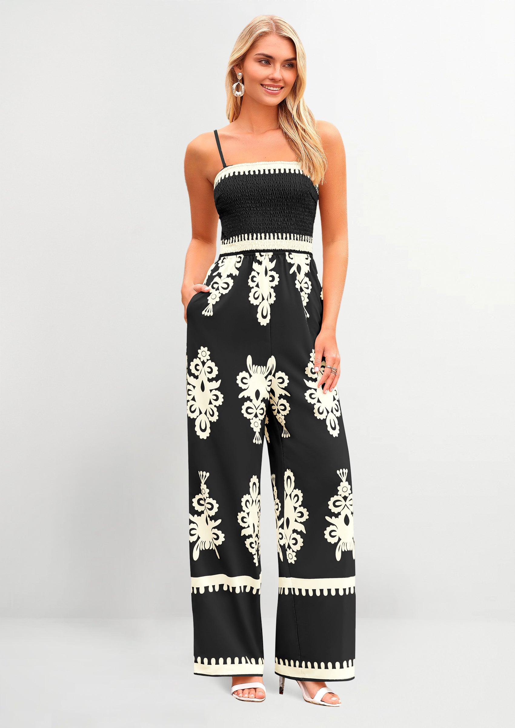 PRETTYGARDEN Boho Jumpsuits Beach Vacation Outfits Spaghetti Strap Wide Leg Pants Rompers