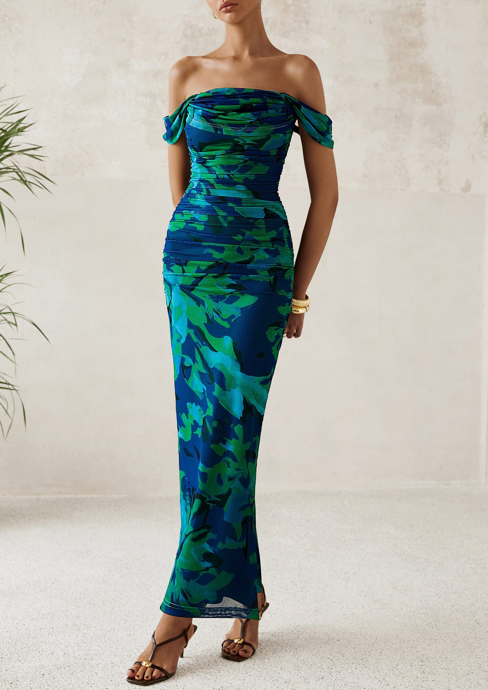 PRETTYGARDEN Maxi Dresses for Women Summer Elegant Floral Off Shoulder Ruched Mesh Cocktail Wedding Guest Dress