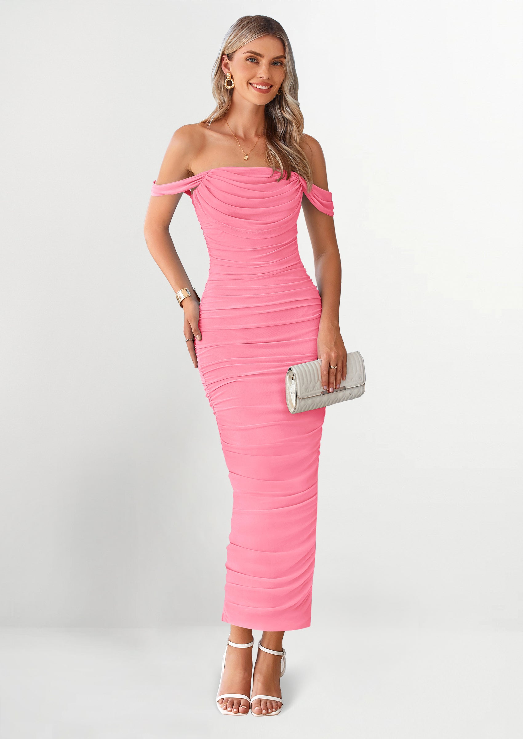 PRETTYGARDEN Womens Off The Shoulder Dress Ruched Bodycon Sleeveless Split Cocktail Party Maxi Dresses