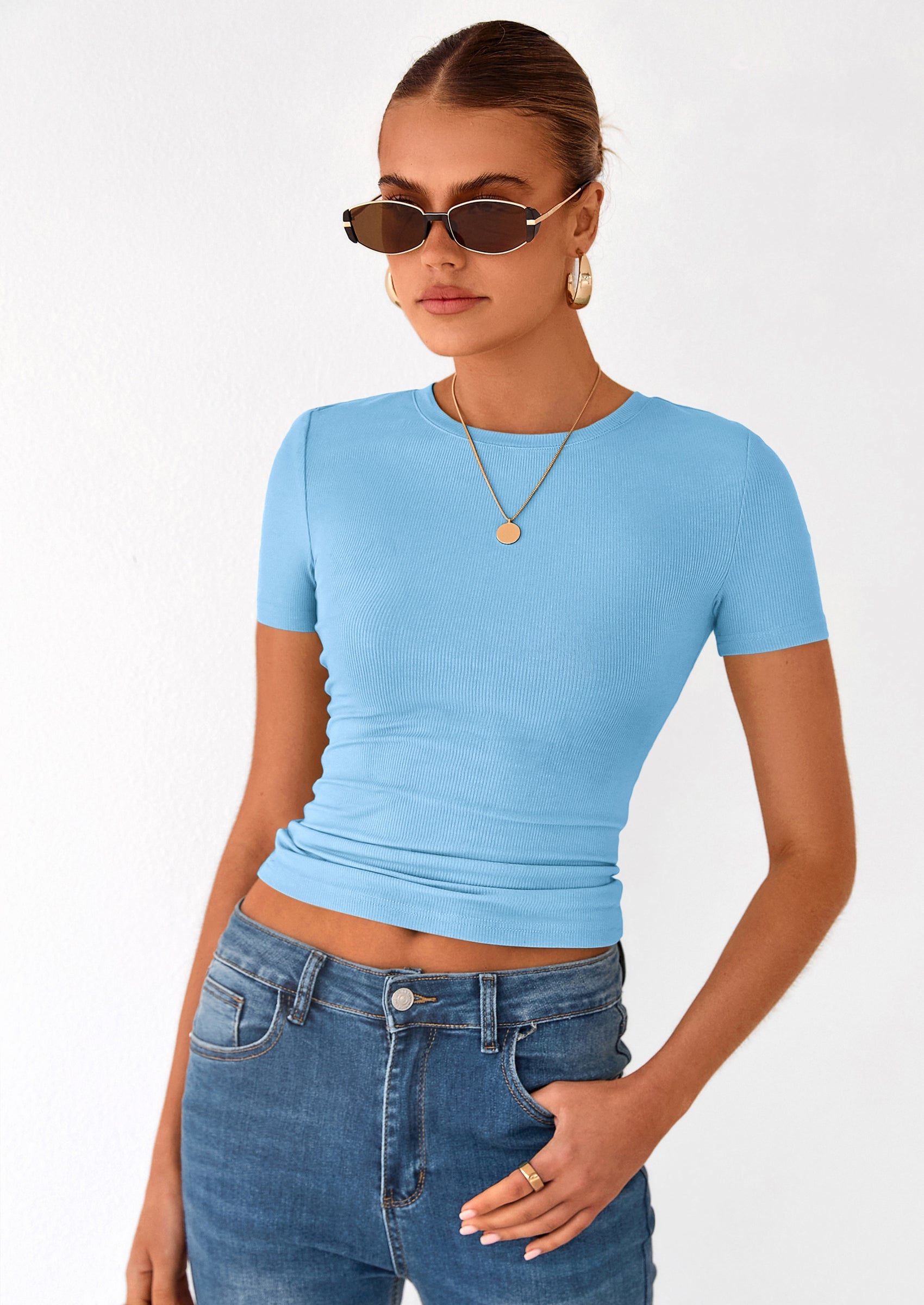 PRETTYGARDEN Women Summer Crew Neck Short Sleeve Tops Ribbed Knit Slim Fit Fashion Basic Tee Shirts Casual Going Out Top PRETTYGARDEN