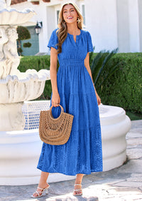 PRETTYGARDEN Womens Boho Maxi Dress Floral Summer Spring Short Sleeve V Neck A Line Embroidered Beach Vacation Dresses