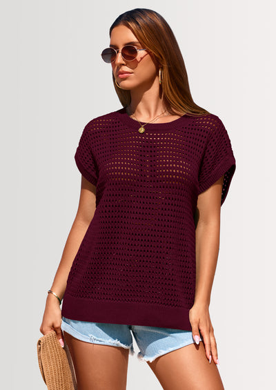 PRETTYGARDEN Womens Spring Tops Summer Shirts Crochet Cap Sleeve Sweater Pullover Cute Beach Vacation Clothes