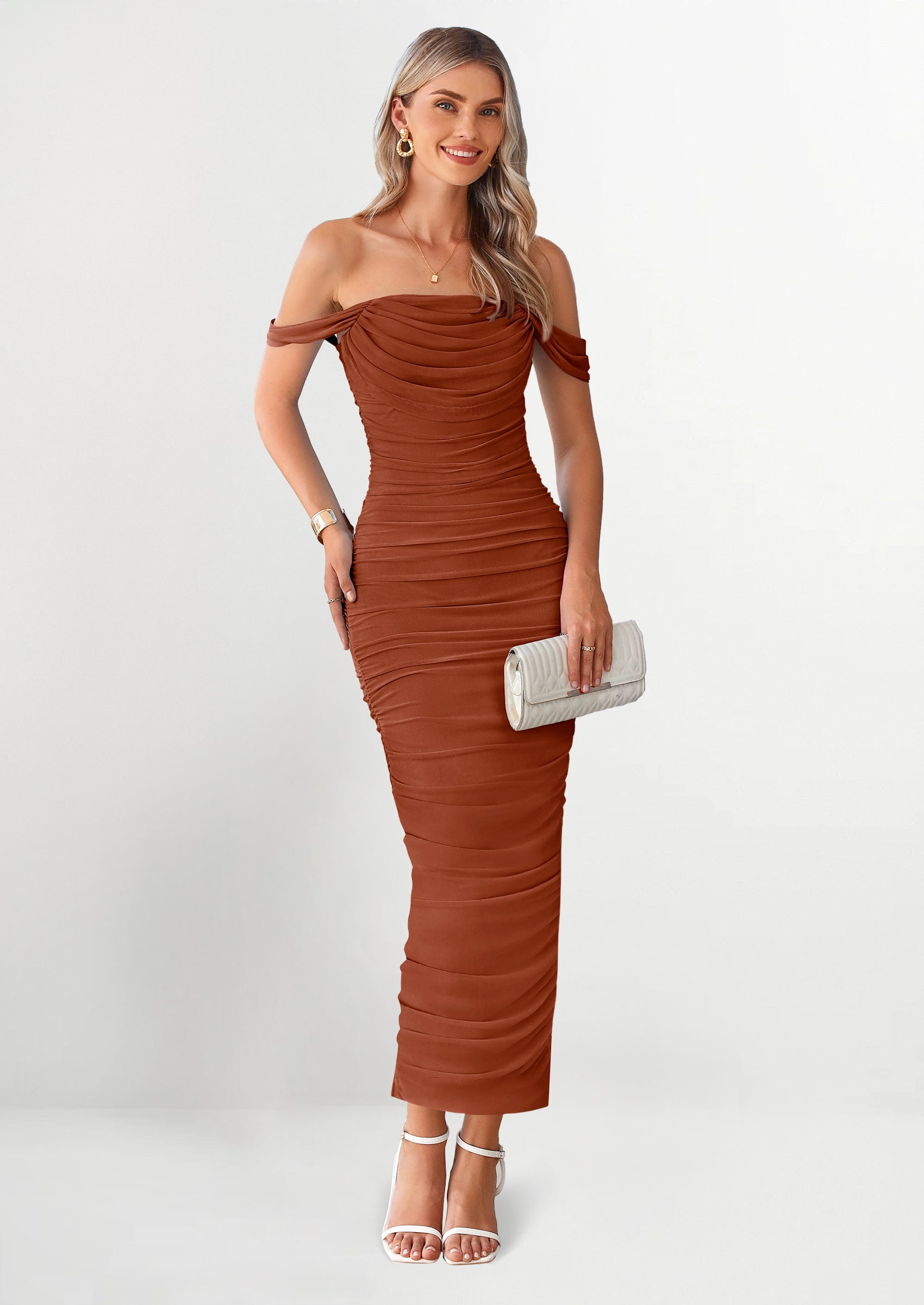 PRETTYGARDEN Womens Off The Shoulder Dress Ruched Bodycon Sleeveless Split Cocktail Party Maxi Dresses